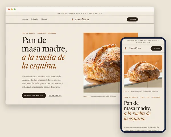 Captura de la web de Forn Alzina en ordenador y móvil, maqueta de ejemplo con un negocio ficticio