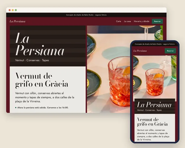 Captura de la web de La Persiana en ordenador y móvil, maqueta de ejemplo con un negocio ficticio
