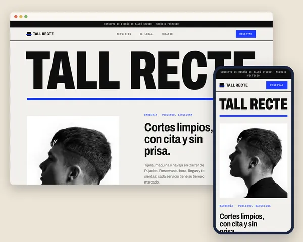 Captura de la web de Tall Recte en ordenador y móvil, maqueta de ejemplo con un negocio ficticio